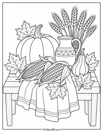 Autumn Harvest Still Life with Corn coloring page