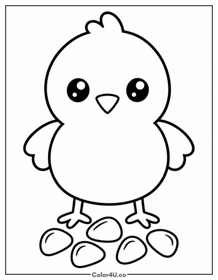 Little chick standing over corn kernels, easy corn coloring page, free printable