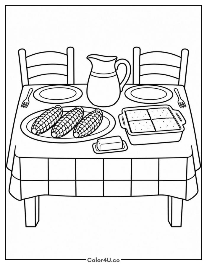 Dinner table with corn on the cob and cornbread, medium corn coloring page, free printable
