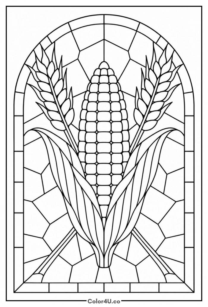 Stained glass corn with wheat stalks in an arched window, detailed corn coloring page, free printable