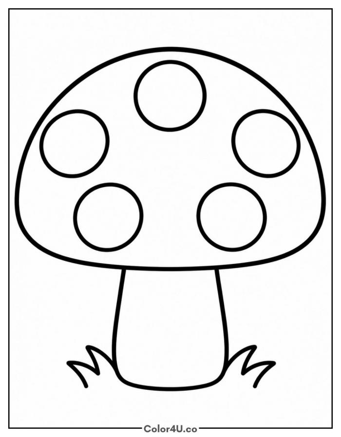 Simple spotted toadstool with grass tufts, easy mushroom coloring page, free printable