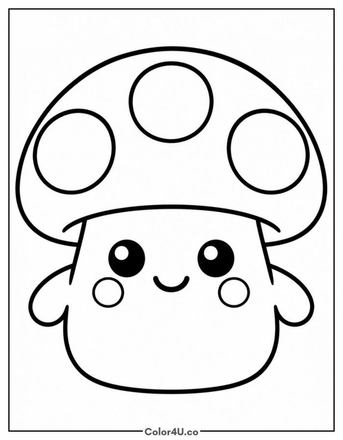 Kawaii mushroom with a big smile and rosy cheeks, easy mushroom coloring page, free printable