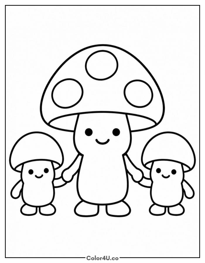 Mama mushroom holding hands with two baby mushrooms, easy mushroom coloring page, free printable