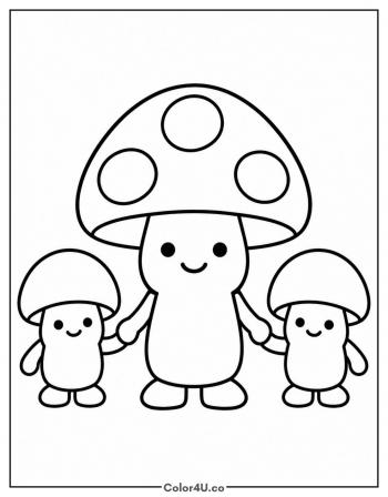 Mama Mushroom and Two Babies coloring page