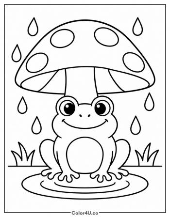 Frog Sheltering Under a Mushroom in the Rain coloring page