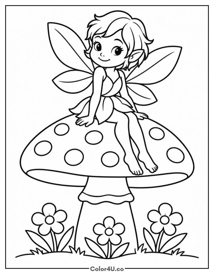 Fairy sitting on a spotted toadstool with flowers, medium mushroom coloring page, free printable