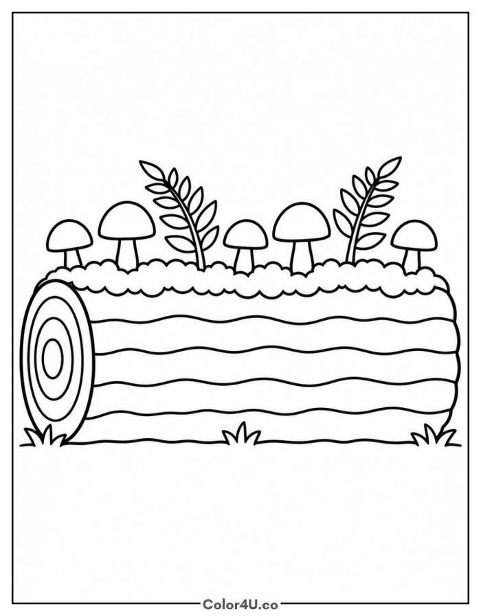 Mushrooms growing on a mossy log with ferns, easy mushroom coloring page, free printable