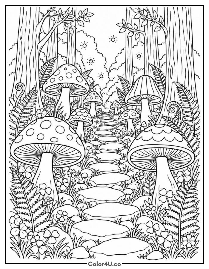 Enchanted forest path lined with giant mushrooms and ferns, detailed mushroom coloring page, free printable