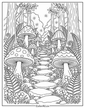 Enchanted Mushroom Forest Path coloring page