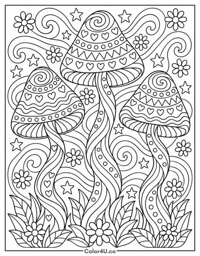 Groovy retro mushrooms with swirls, hearts and stars, detailed mushroom coloring page, free printable