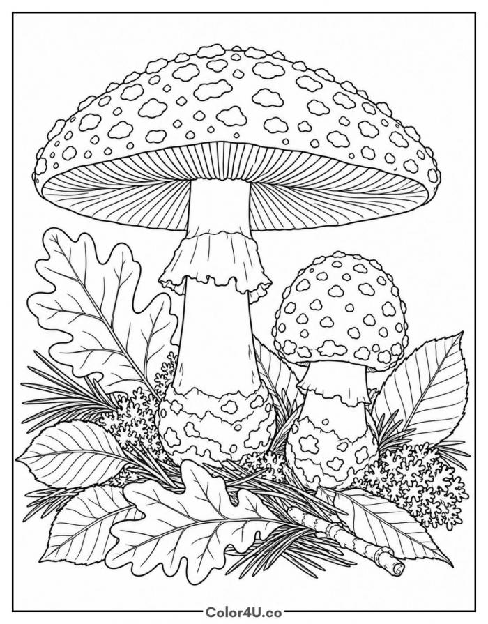 Realistic fly agaric toadstools with oak leaves and pine needles, detailed mushroom coloring page, free printable