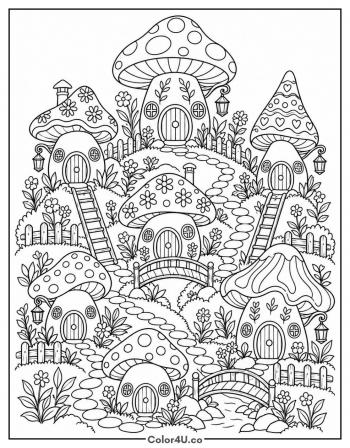 Fairy Mushroom Village coloring page