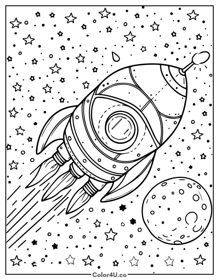 Retro-style rocket flying in space with stars and moon, detailed Rocket coloring page, free printable