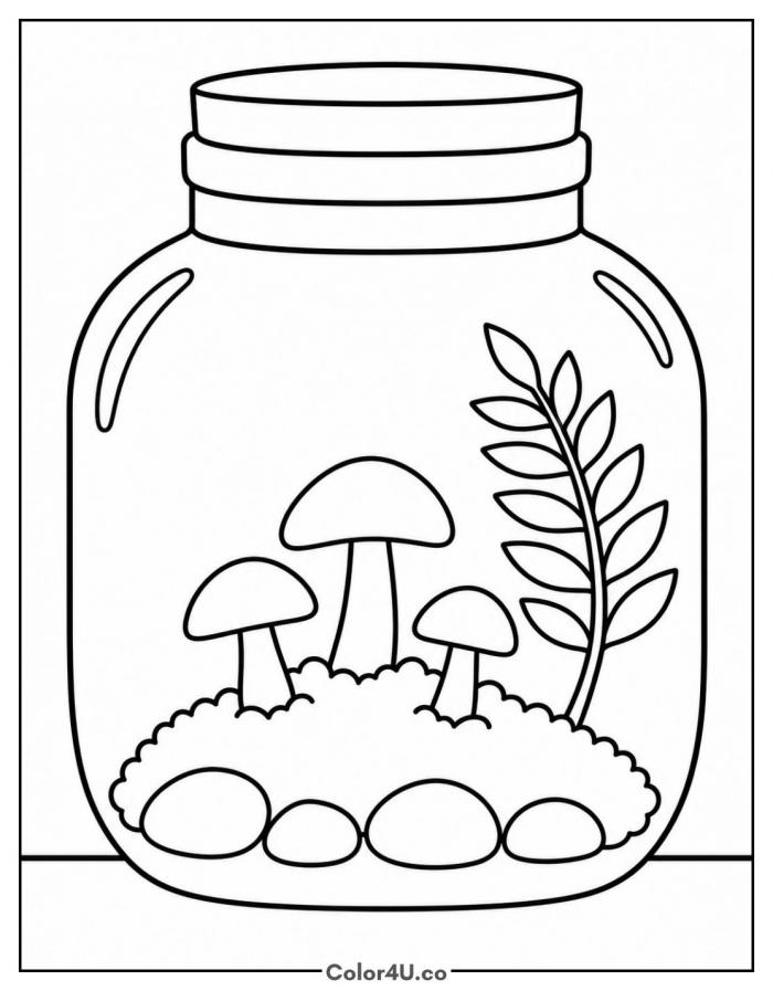 Mushroom terrarium in a glass jar with moss and pebbles, easy mushroom coloring page, free printable