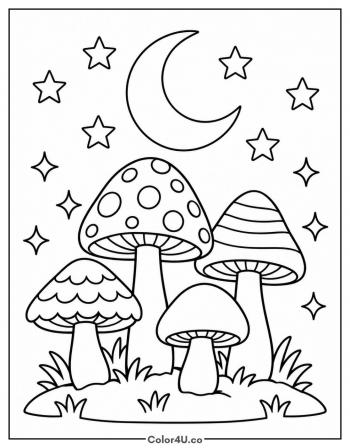 Magical Mushrooms under a Crescent Moon coloring page