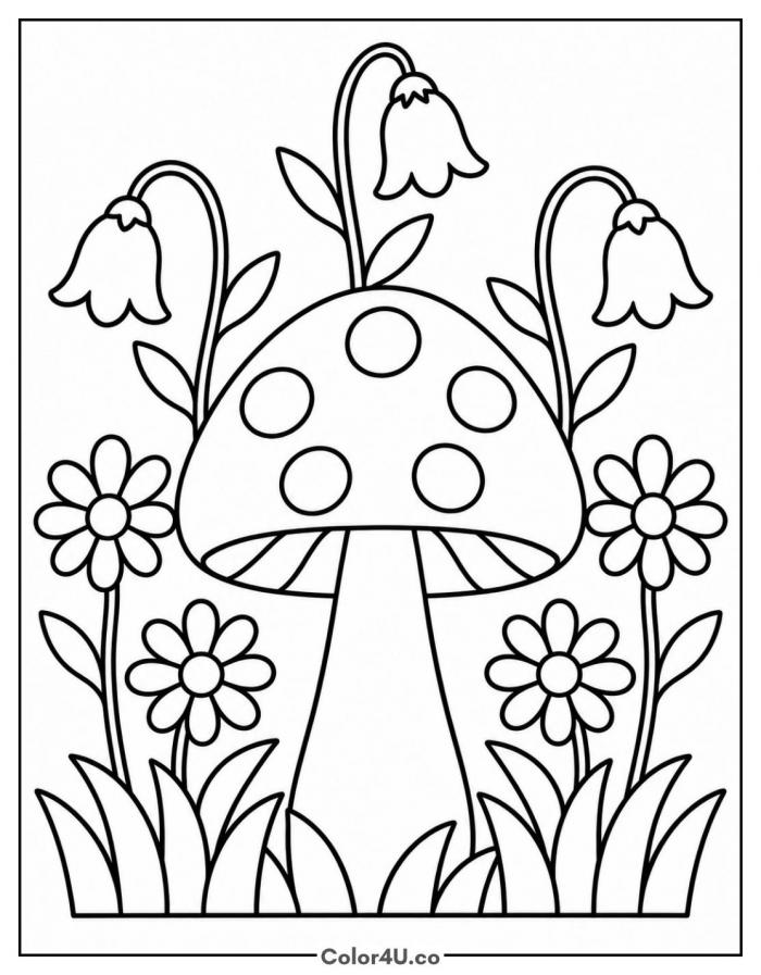 Spotted mushroom surrounded by daisies and bluebells, medium mushroom coloring page, free printable