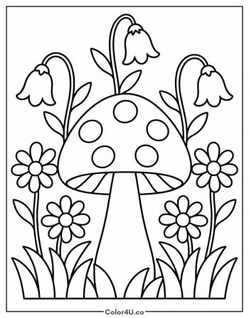 Mushroom Surrounded by Wildflowers coloring page