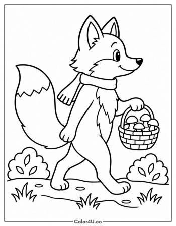 Fox Carrying a Basket of Mushrooms coloring page