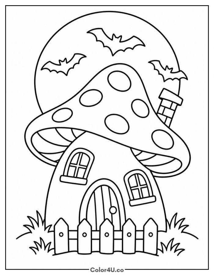 Spooky mushroom house with bats and a full moon, medium mushroom coloring page, free printable
