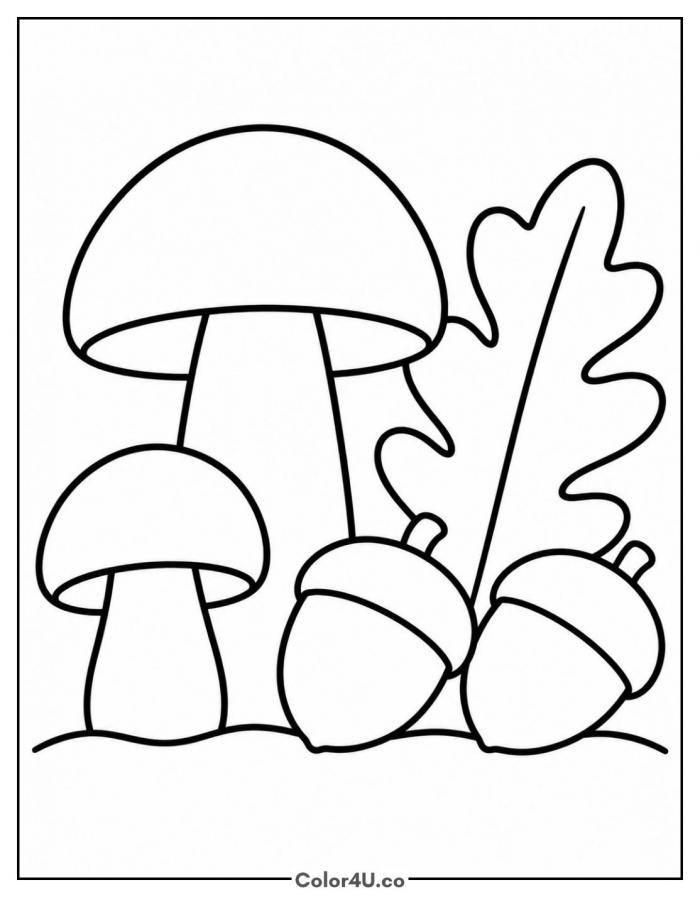 Autumn mushrooms with acorns and an oak leaf, easy mushroom coloring page, free printable