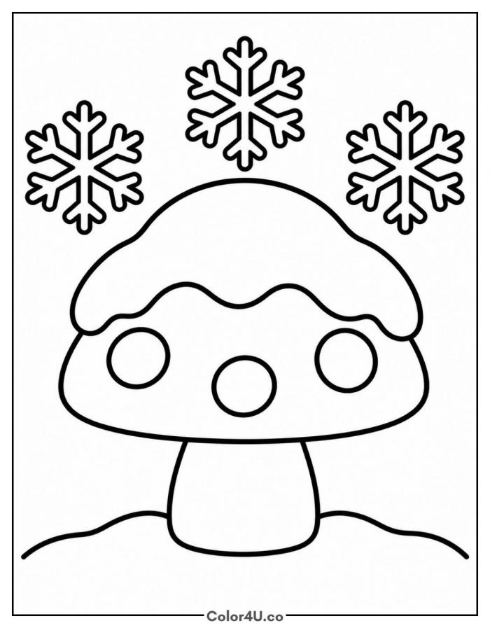 Snowy mushroom with snowflakes, easy mushroom coloring page, free printable