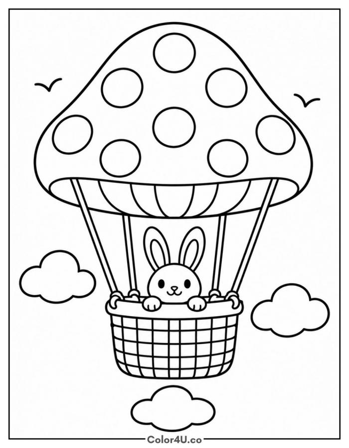 Bunny riding a mushroom hot air balloon through clouds, easy mushroom coloring page, free printable
