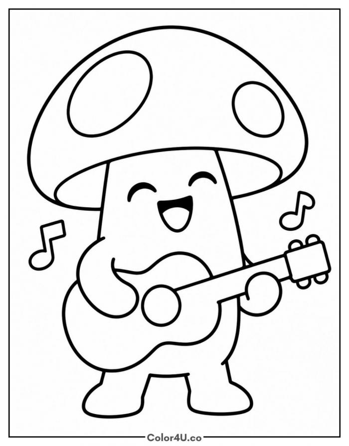 Happy mushroom playing a guitar with music notes, easy mushroom coloring page, free printable