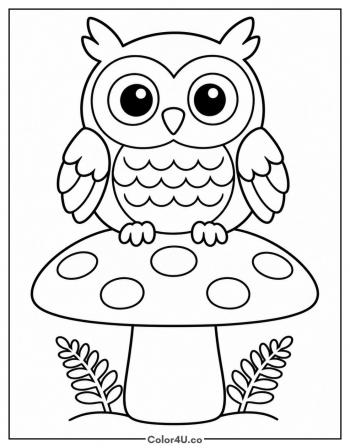 Owl Perched on a Big Mushroom coloring page