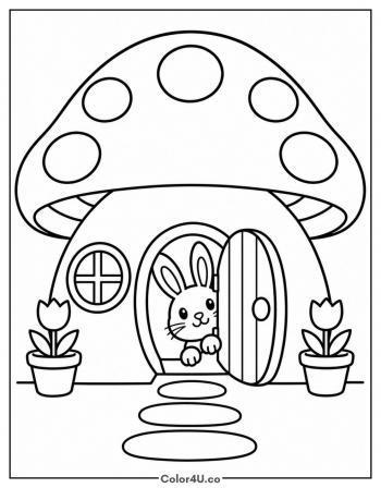 Bunny Peeking from a Mushroom House coloring page