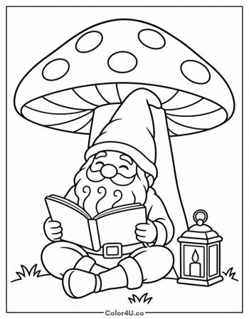 Gnome Reading Under a Mushroom coloring page