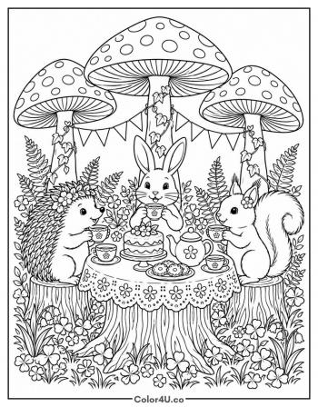 Woodland Tea Party Under the Mushrooms coloring page