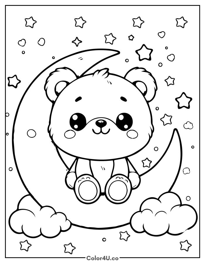 Cute bear sitting on a crescent moon, medium Moon coloring page, free printable