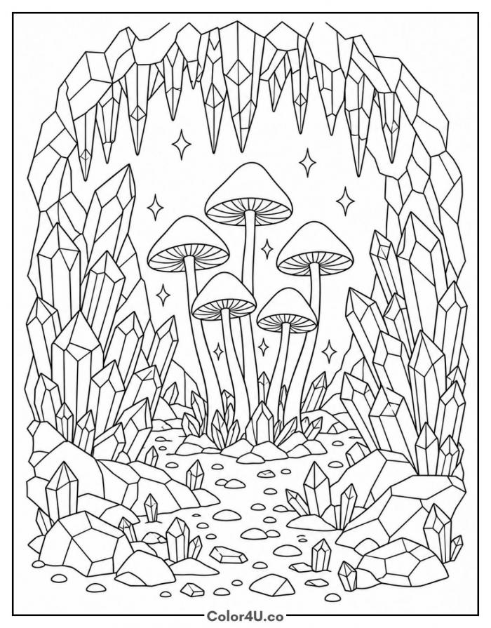Glowing mushrooms in a crystal cave, detailed mushroom coloring page, free printable
