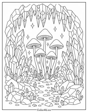 Glowing Mushrooms in a Crystal Cave coloring page