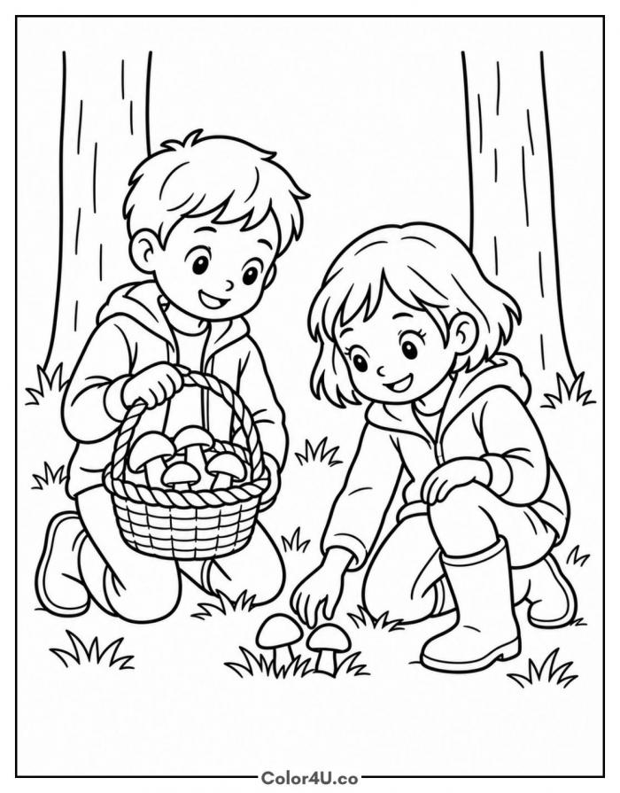 Two kids foraging for mushrooms in the forest with a basket, medium mushroom coloring page, free printable