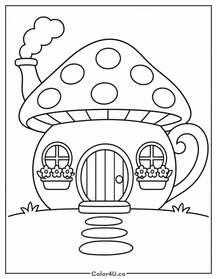 Teapot mushroom cottage with flower boxes, medium mushroom coloring page, free printable