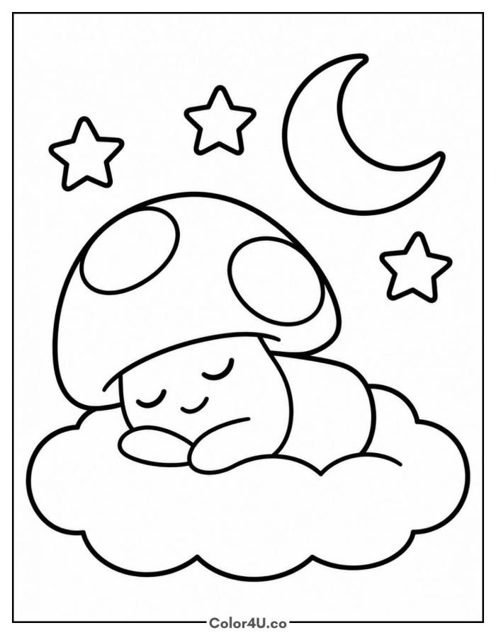 Sleepy mushroom napping on a cloud under the moon and stars, easy mushroom coloring page, free printable