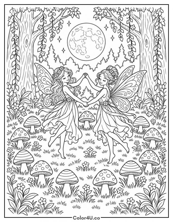 Fairies dancing in a fairy ring of mushrooms under the full moon, detailed mushroom coloring page, free printable