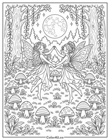 Fairy Ring of Mushrooms under the Moon coloring page