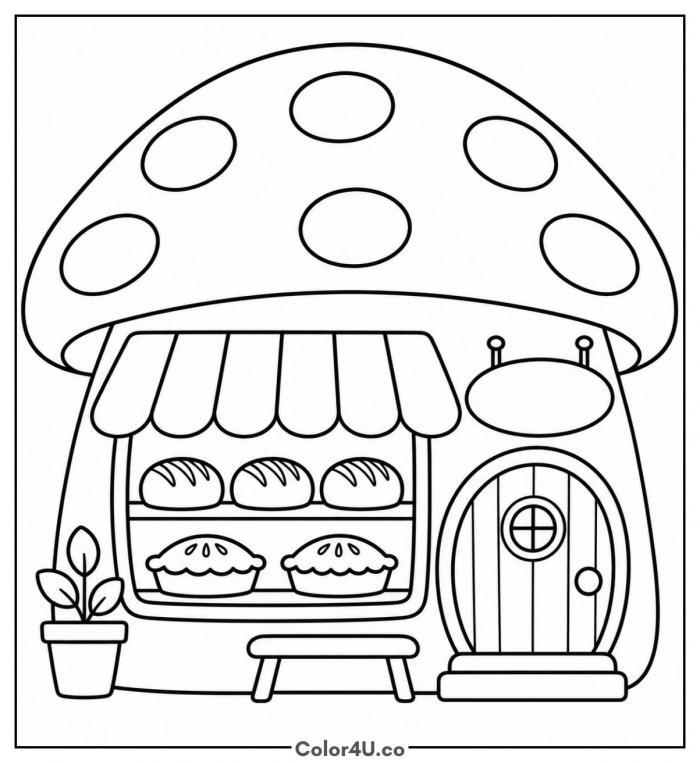 Mushroom bakery shop with bread and pies in the window, medium mushroom coloring page, free printable