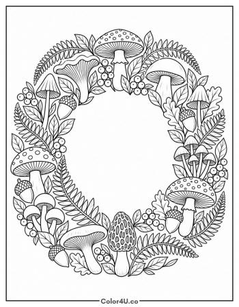 Botanical Mushroom and Fern Wreath coloring page