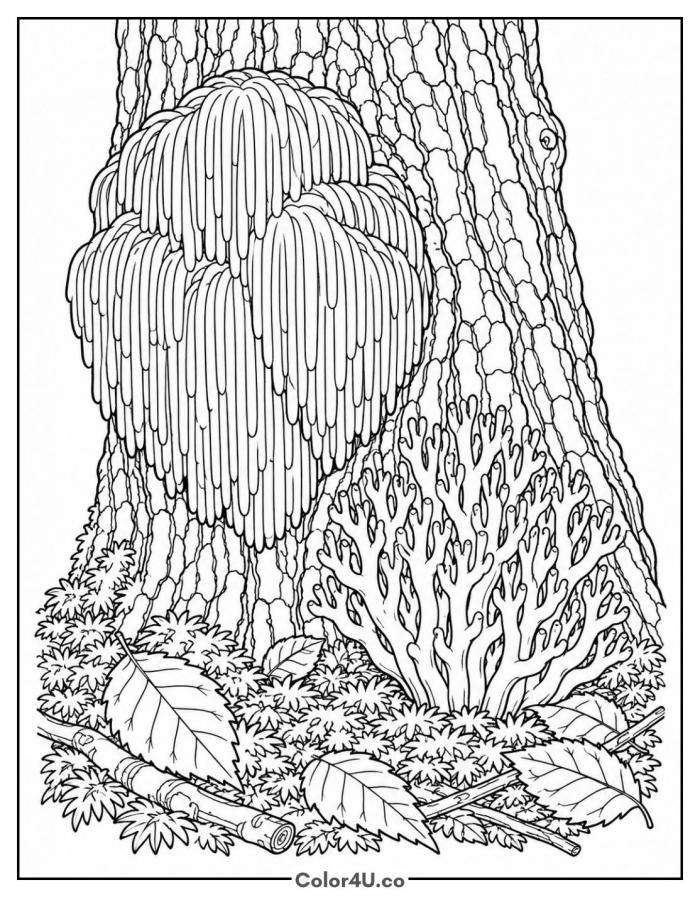 Lion's mane and coral fungi on a tree trunk, detailed mushroom coloring page, free printable