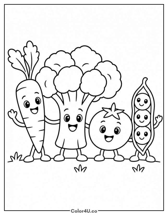 Broccoli and vegetable friends standing together, medium broccoli coloring page, free printable