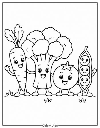 Broccoli and Vegetable Friends coloring page