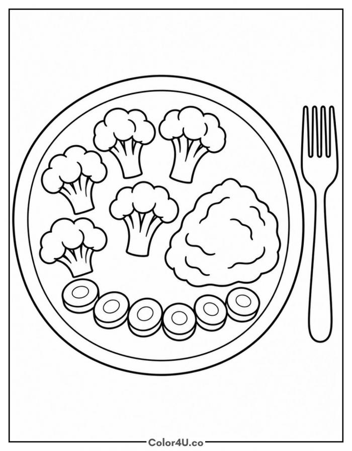 Broccoli on a dinner plate with fork, easy broccoli coloring page, free printable