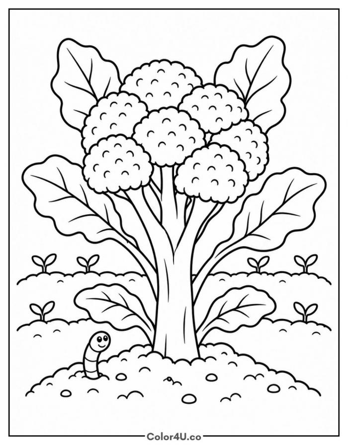Broccoli plant growing in the garden, medium broccoli coloring page, free printable