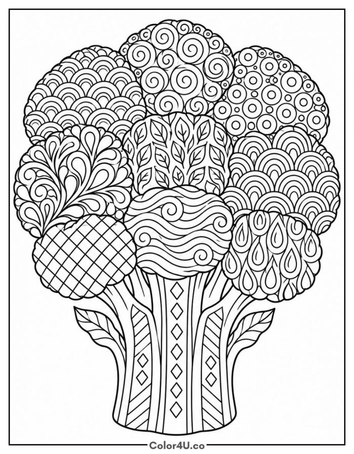 Zentangle broccoli with patterned florets, detailed broccoli coloring page, free printable