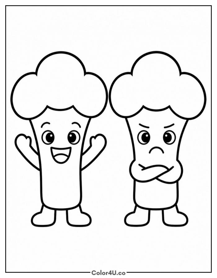 Happy and grumpy broccoli side by side, easy broccoli coloring page, free printable