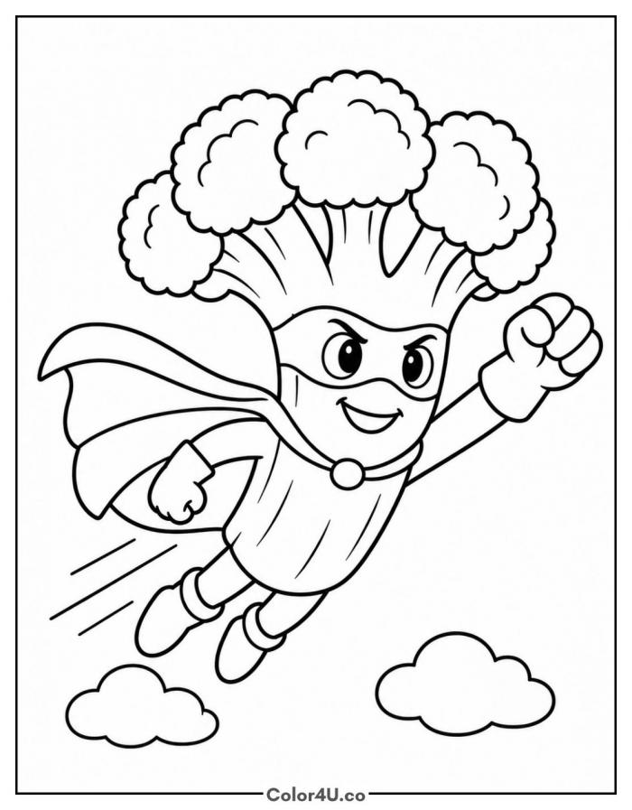 Broccoli superhero flying with a cape, easy broccoli coloring page, free printable