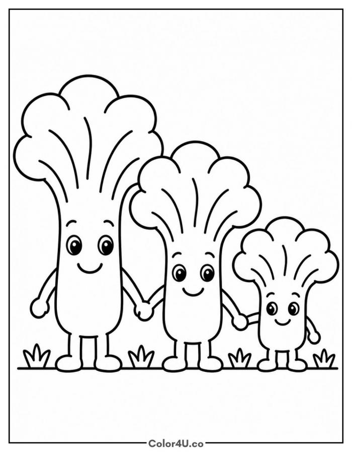 Broccoli family of three holding hands, easy broccoli coloring page, free printable